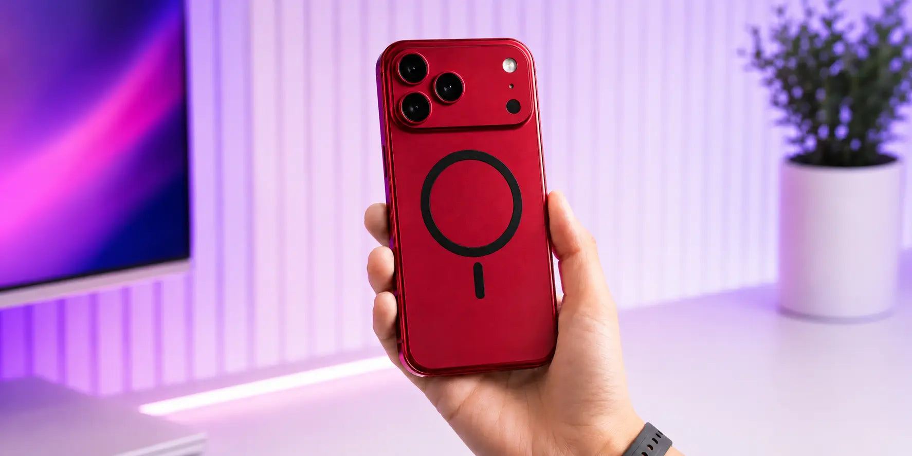 A hand holding a red smartphone case with a black MagSafe ring on the back, set against a softly lit background with a purple monitor and a small potted plant.